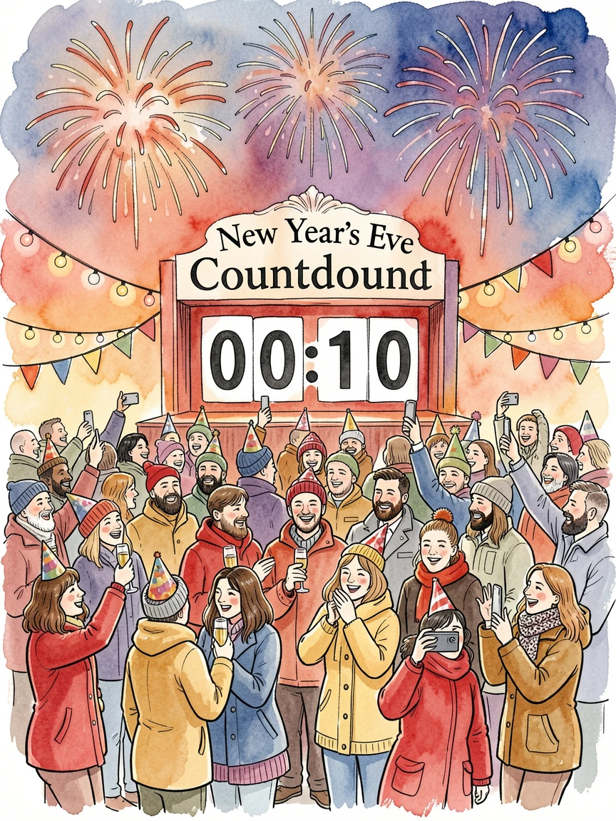 A New Year's Eve countdown scene with a crowd gathered under fireworks, a festive warmth filling the entire scene.