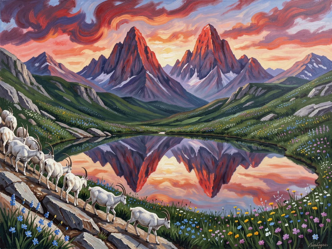 Twin peaks reflected in a still glacial tarn, a herd of mountain goats picking their way across the rocky slope, overlooking a deep green valley dotted with wildflowers, during a fiery sunset that turns the peaks crimson and violet.