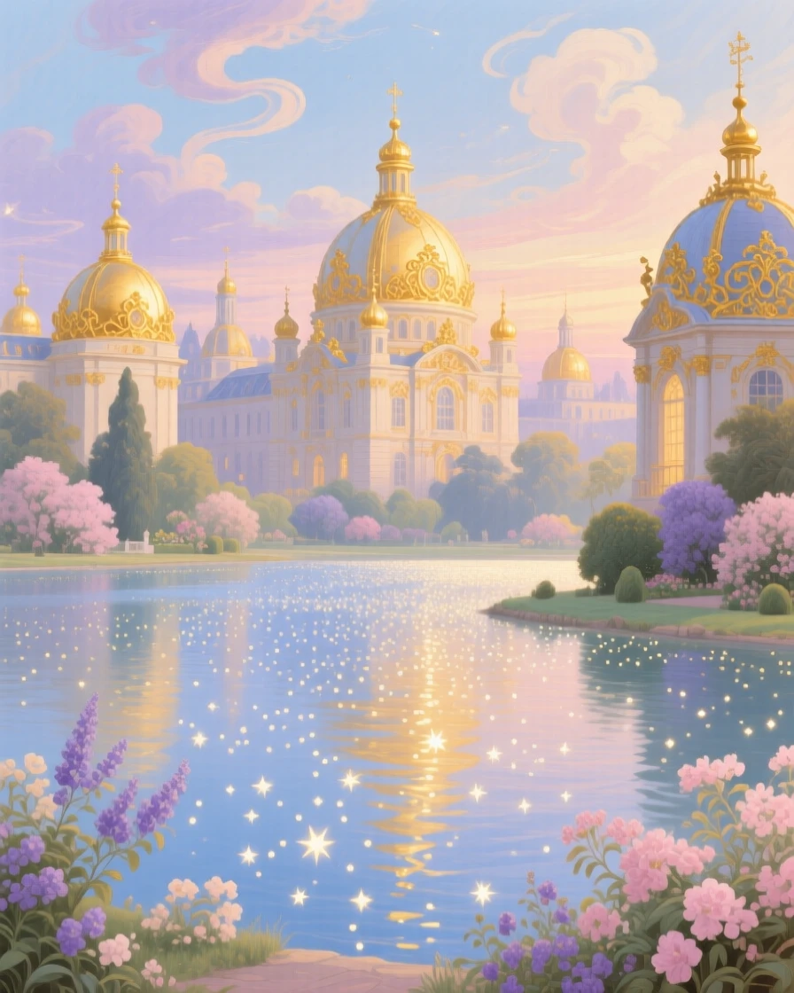A city of golden domes reflected in a lake of stars  