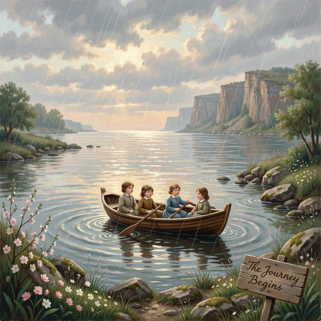 A group of children drifts gently down a river mouth opening onto the ocean under a gentle spring rain.