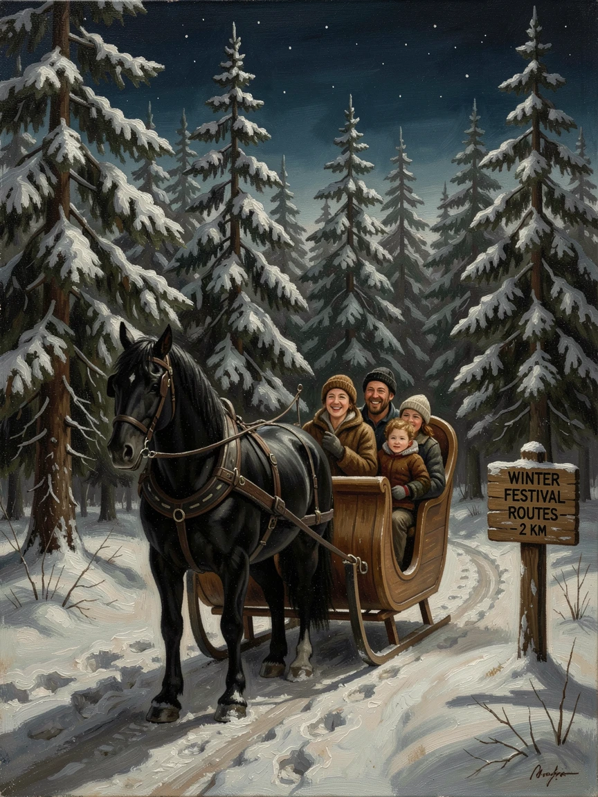 A snowy sleigh ride through a moonlit winter forest, as joyful expressions capture the spirit of the celebration, offering a joyful, memorable seasonal scene for any collection