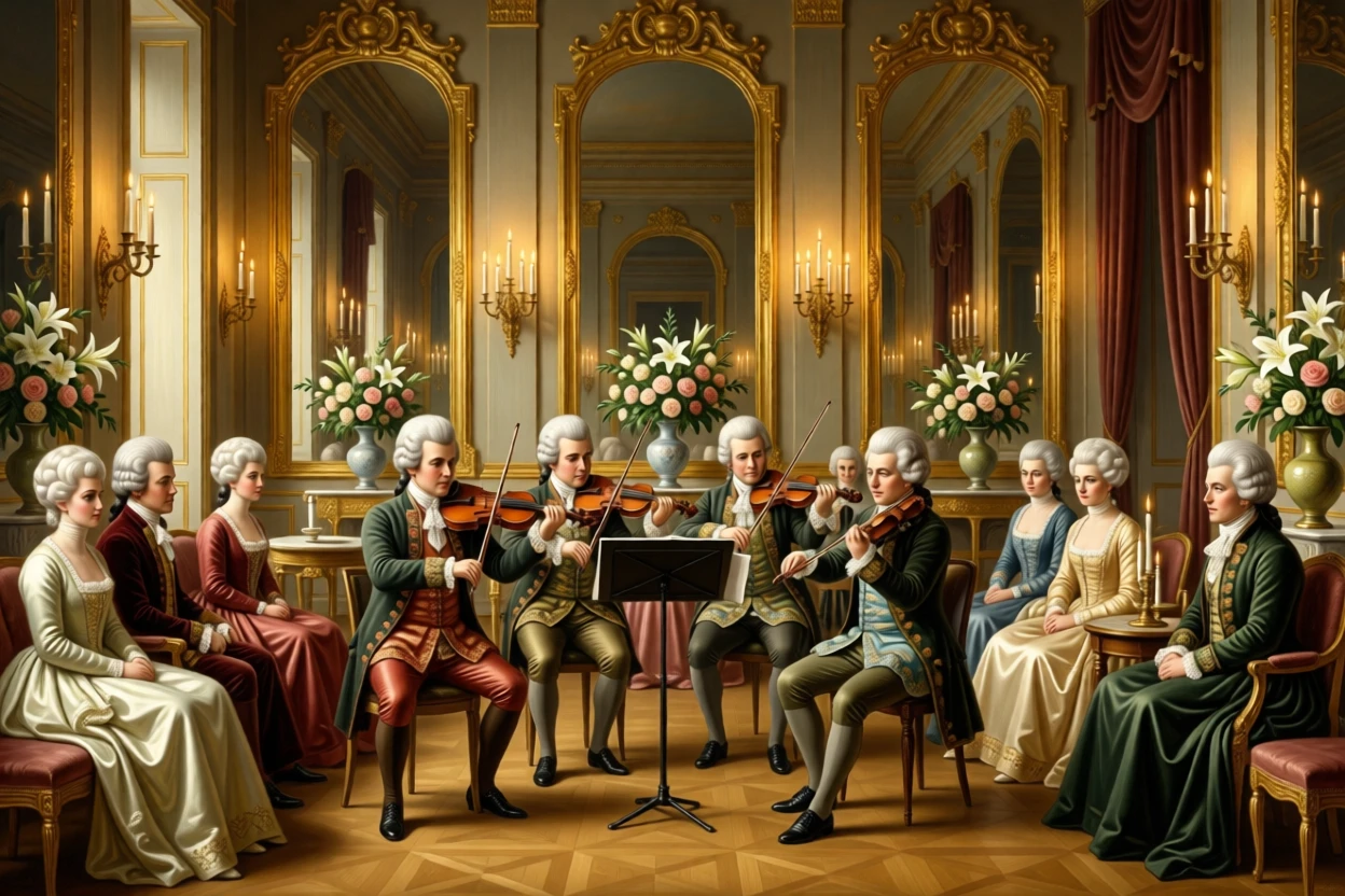A string quartet performing for seated aristocratic guests amid the elegant bustle of a formal evening, set within a mirrored ballroom lit by hundreds of candles, with fresh flowers arranged in porcelain vases throughout the room; converging sightlines from the guests draw attention to the central gesture, filled with quiet ceremony and inherited dignity.