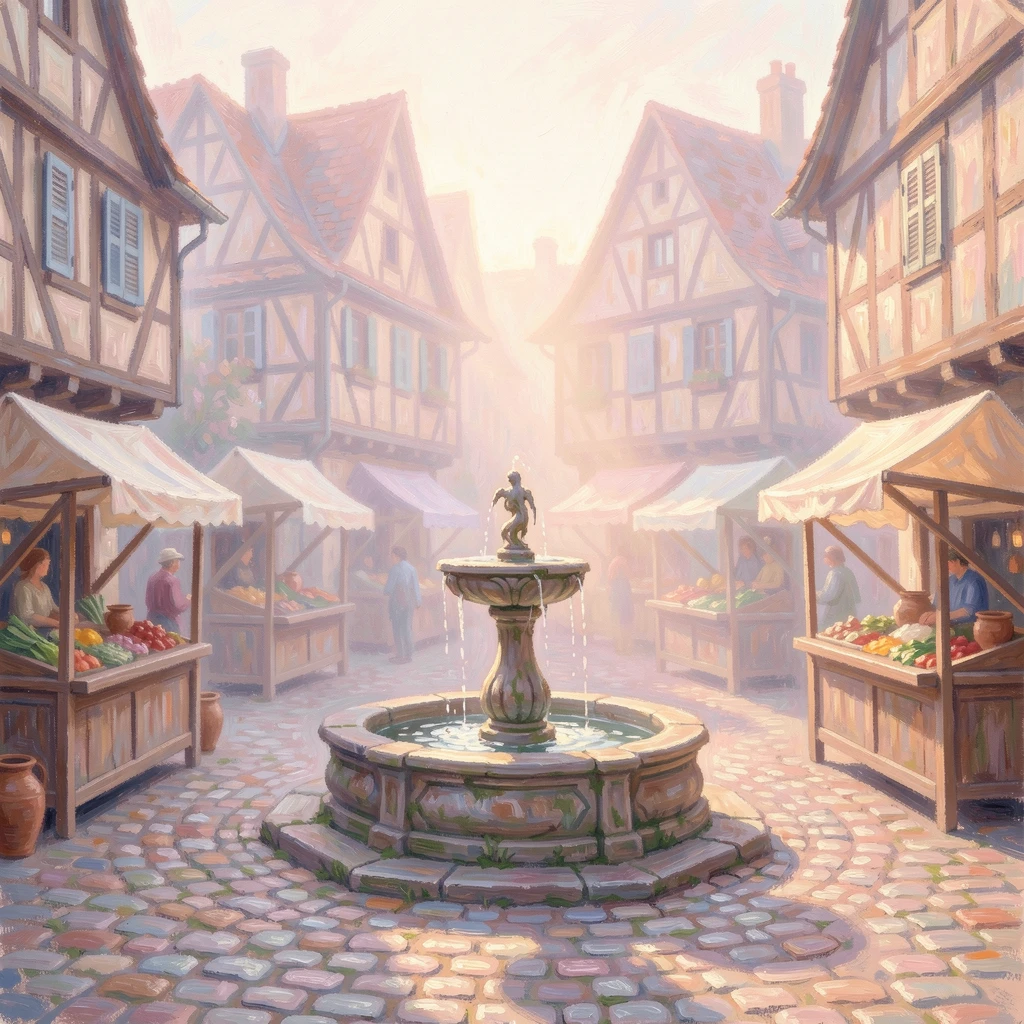 A cobblestone medieval town square with market stalls, a stone fountain, and timbered buildings, as the first light of dawn breaks, filled with a cozy, comforting atmosphere.