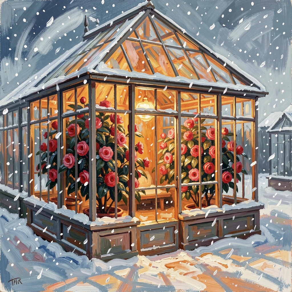 A winter greenhouse glowing warmly with blooming camellias against falling snow outside.