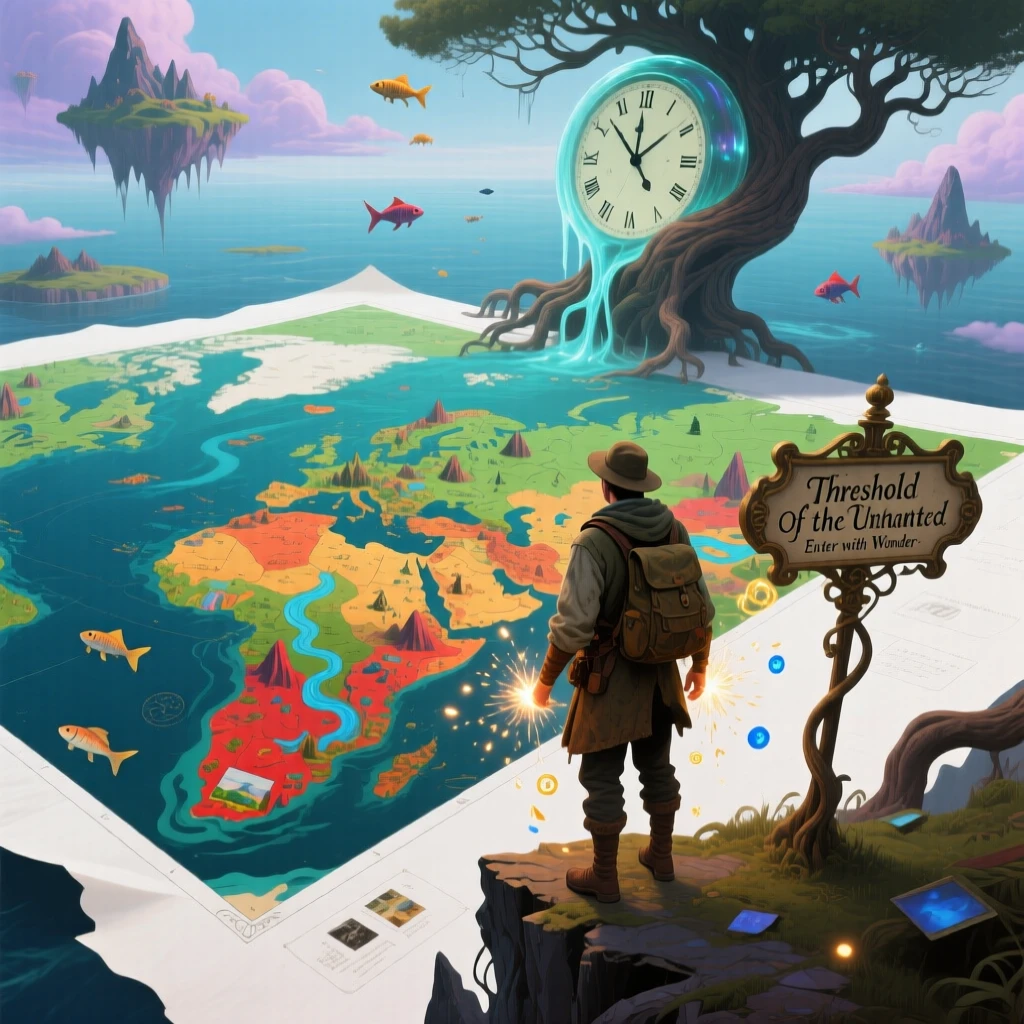 An explorer standing at the edge of a map that fades into blank paper pauses thoughtfully at the edge of an unfamiliar world, as tiny sparks of light rise gently from where they stand.