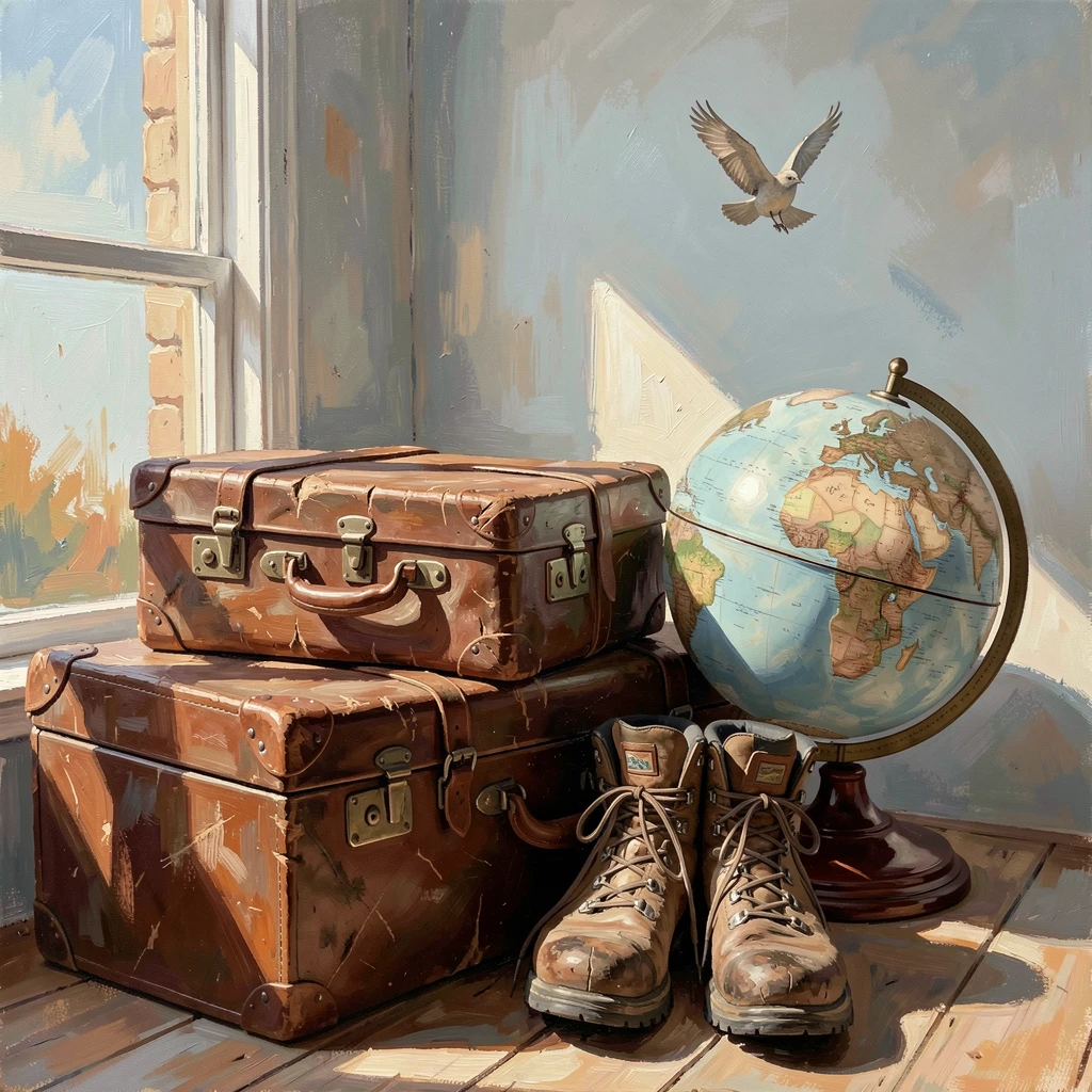 A stack of old leather suitcases sits beside a vintage globe and a pair of worn hiking boots near a sunlit window, the silence broken only occasionally by the call of a bird crossing the open sky.
