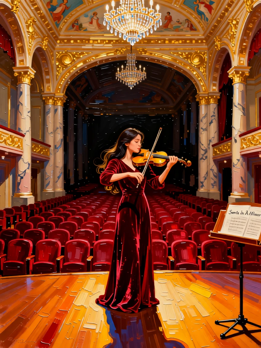 a young violinist performing in an empty grand concert hall