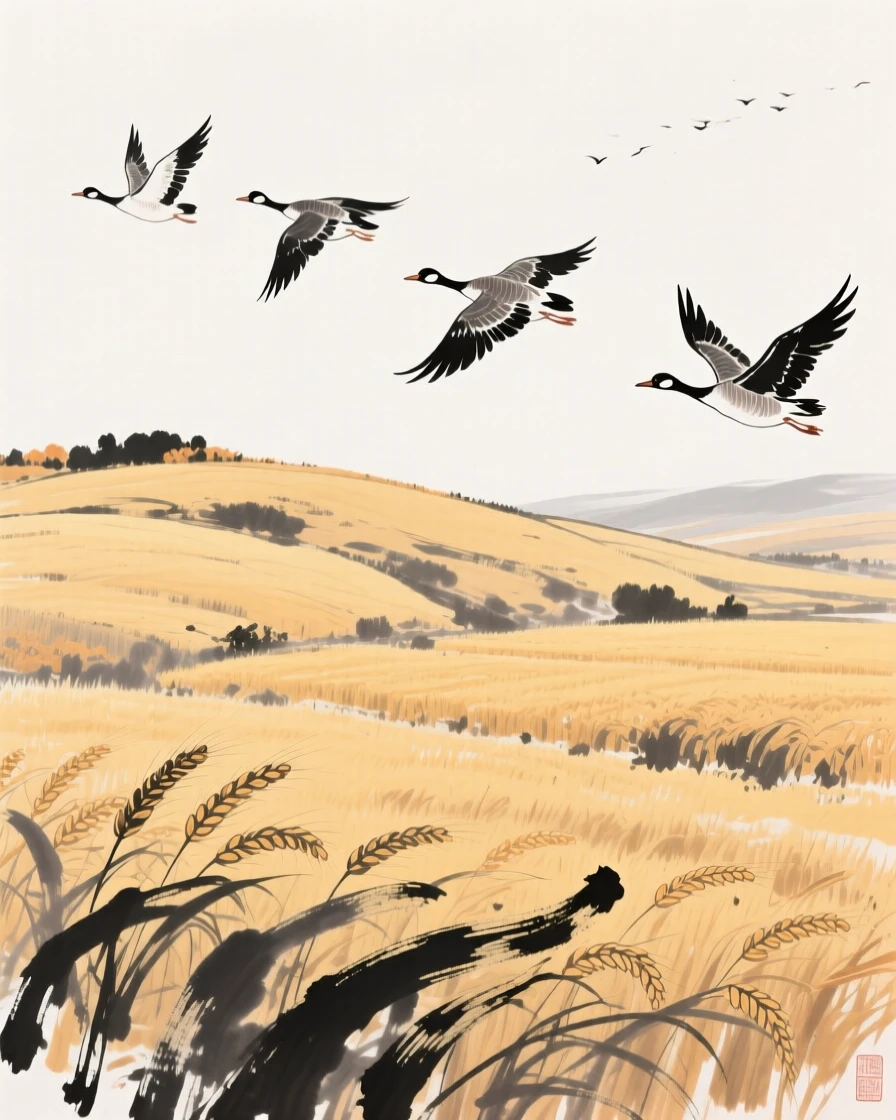 Wild geese fly south above fields turning golden with the harvest, as a cool wind sweeps across the hillside.