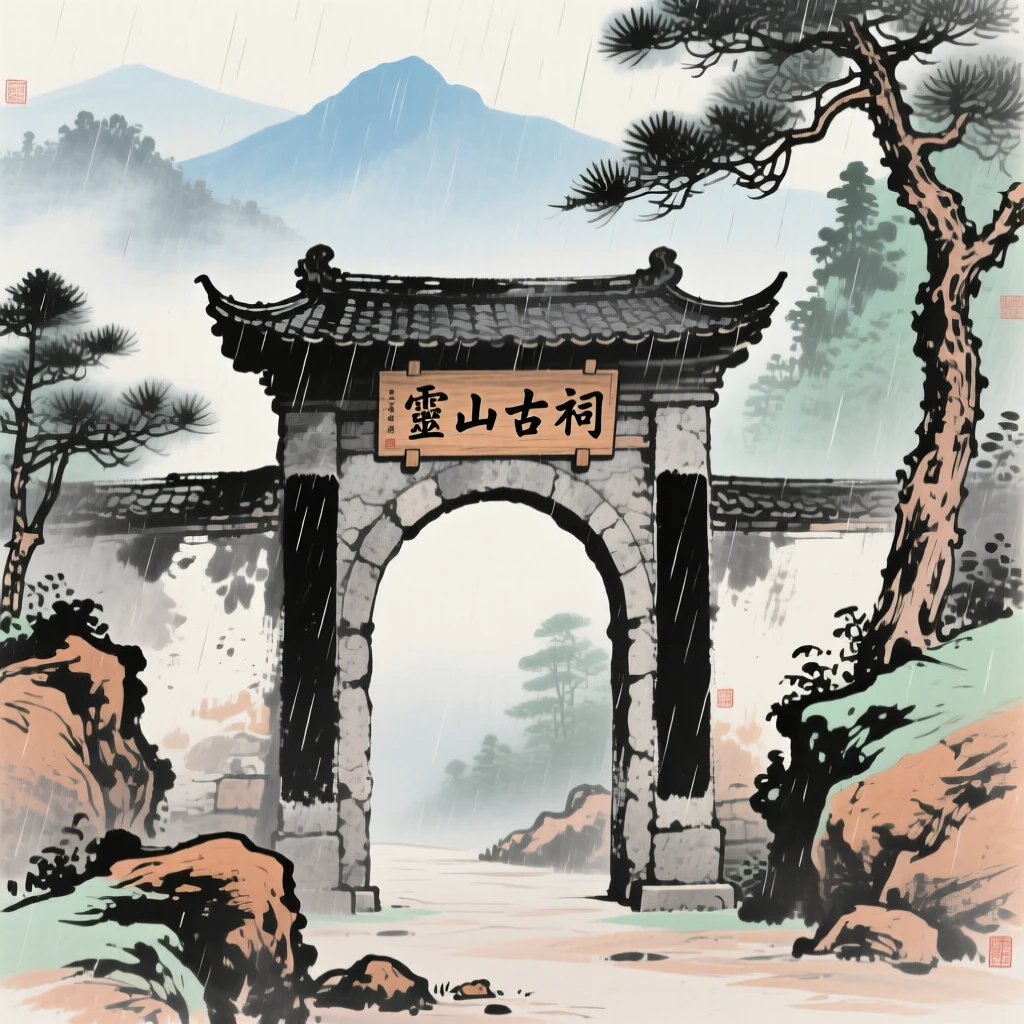 An ancient archway marking the entrance to a mountain shrine, suffused with quiet joy, in a gentle drizzle.