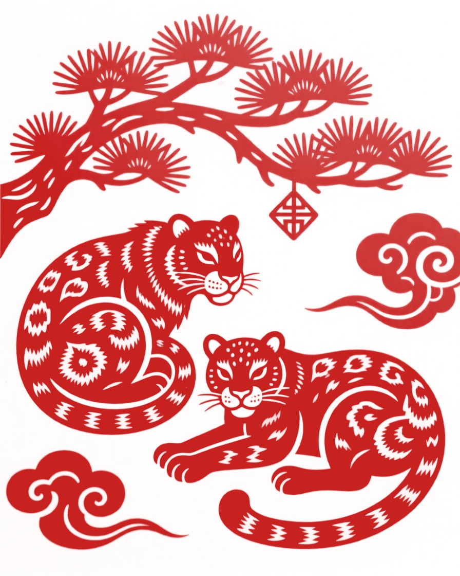 A snow leopard, curled up beneath a canopy of pine needles, paired with a second companion nearby, echoing its every move.