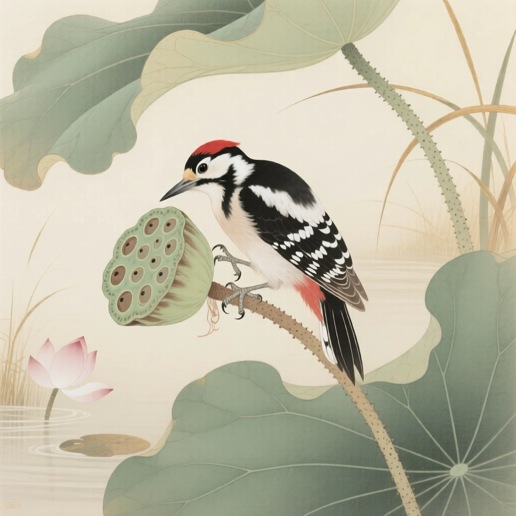 A woodpecker landing gently on a lotus pod, soft morning light filtering through the branches