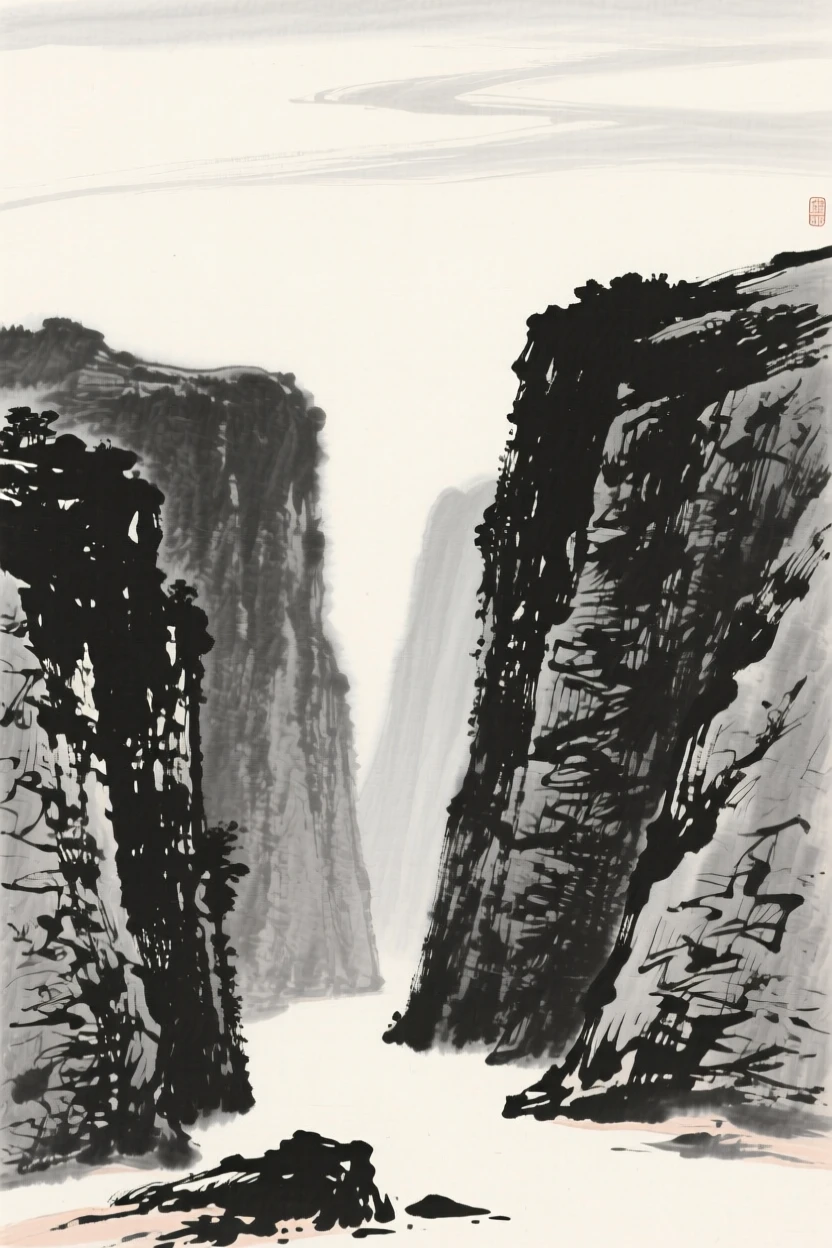 A secluded cove framed by tall standing cliffs beneath towering rock walls softened by haze, composed with wide open space above to emphasize the scale of the sky, evoking a deep sense of solitude and quiet grandeur.