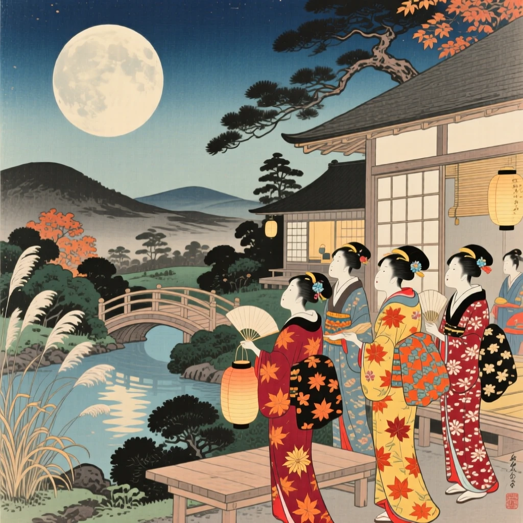 A moon viewing party admiring the full autumn moon together.