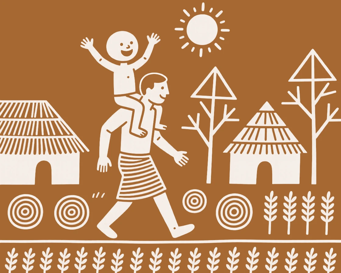 A barefoot boy riding on a father's shoulders through the village.