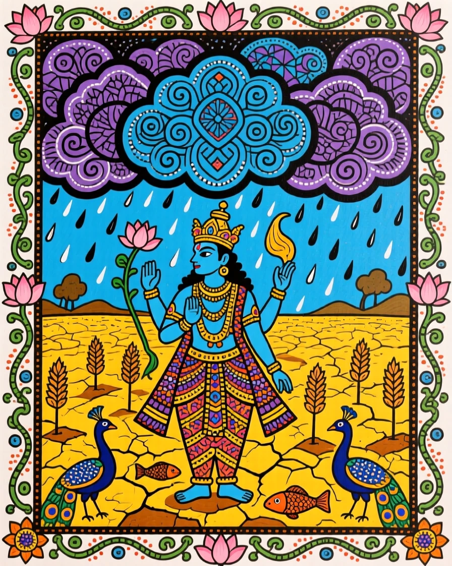 Indra summoning rain clouds over a parched golden field.