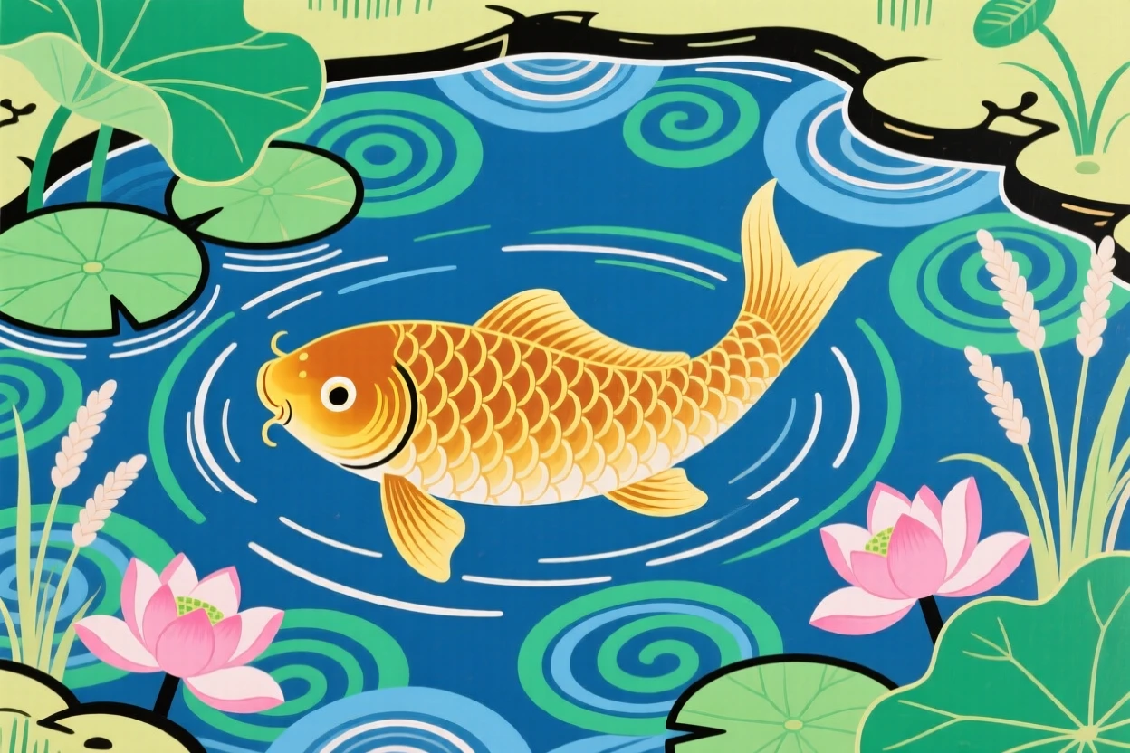 A single golden koi swimming in slow circles in a still garden pond.