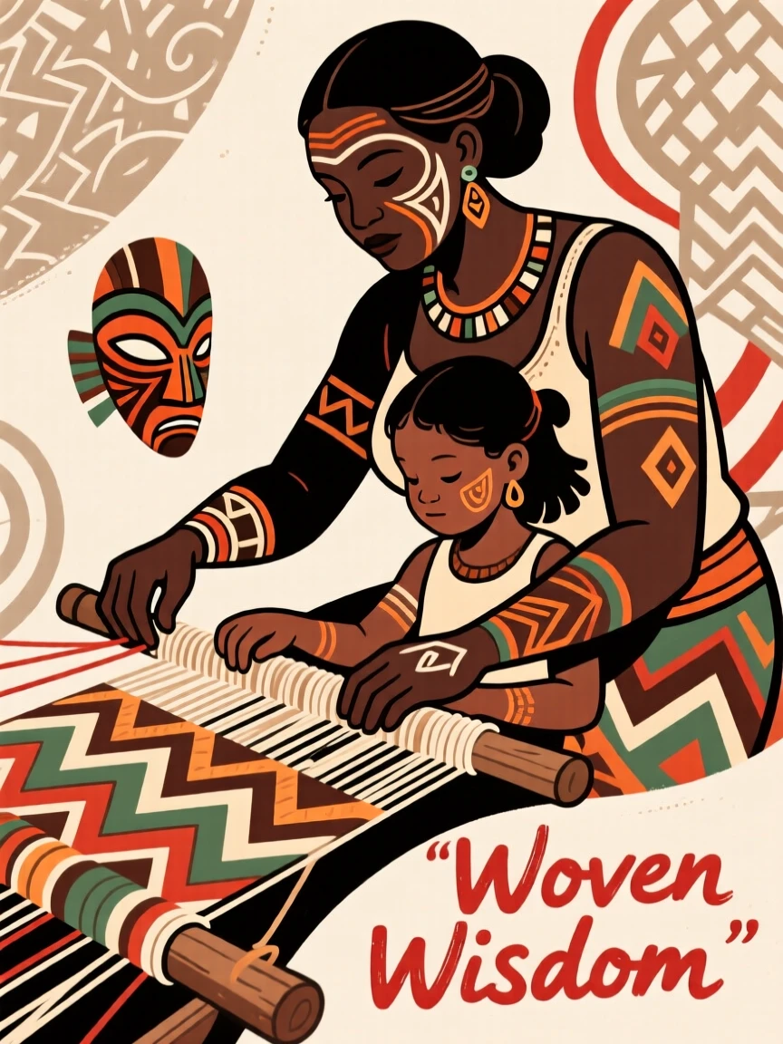 A mother teaching her daughter to weave.