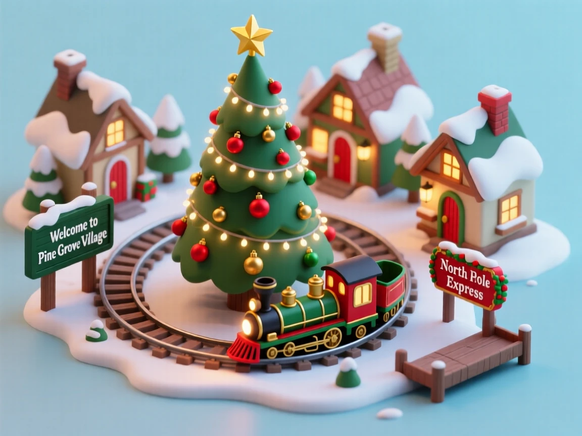 A Christmas village train display circling beneath a decorated tree, tiny houses glowing warmly with painted snow.