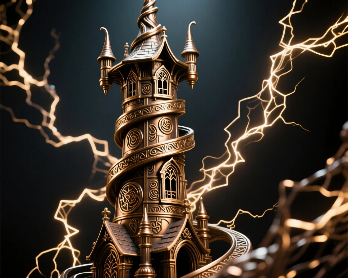 A wizard's tower crackling with magical energy, with intricate, fantastical detail throughout, transporting the viewer to another world