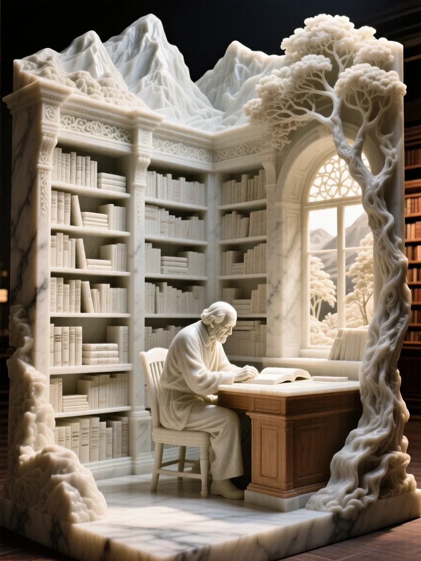An evocative depiction of an old bookstore filled with warm afternoon light, framed by dramatic natural scenery, balancing detail with emotional depth