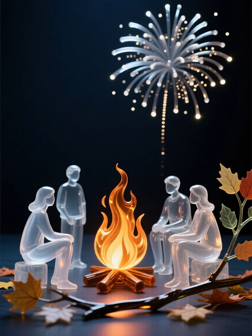 A bonfire surrounded by friends on a cool autumn night, with fireworks lighting up the summer sky