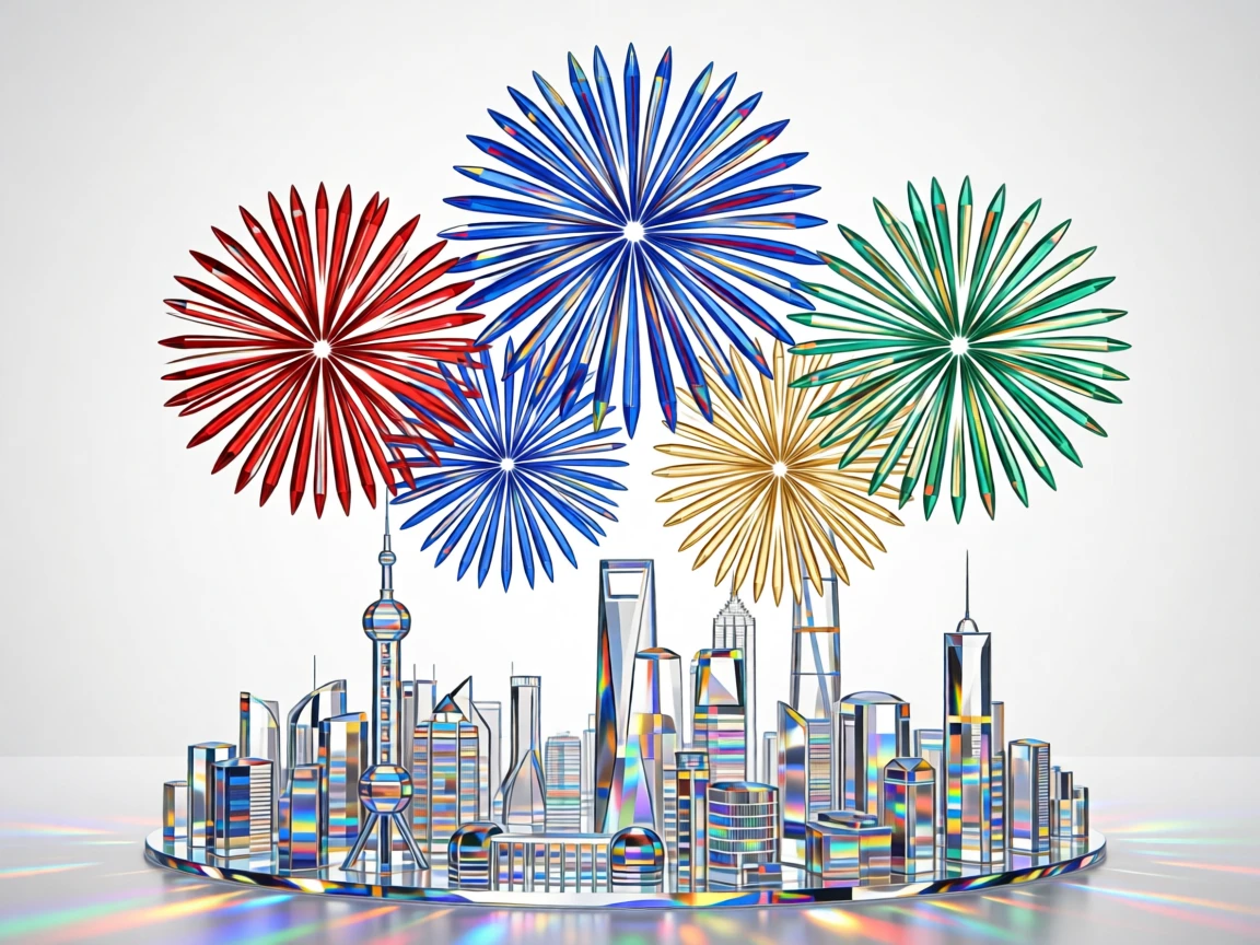 A New Year's Eve fireworks display exploding over a glittering city skyline.