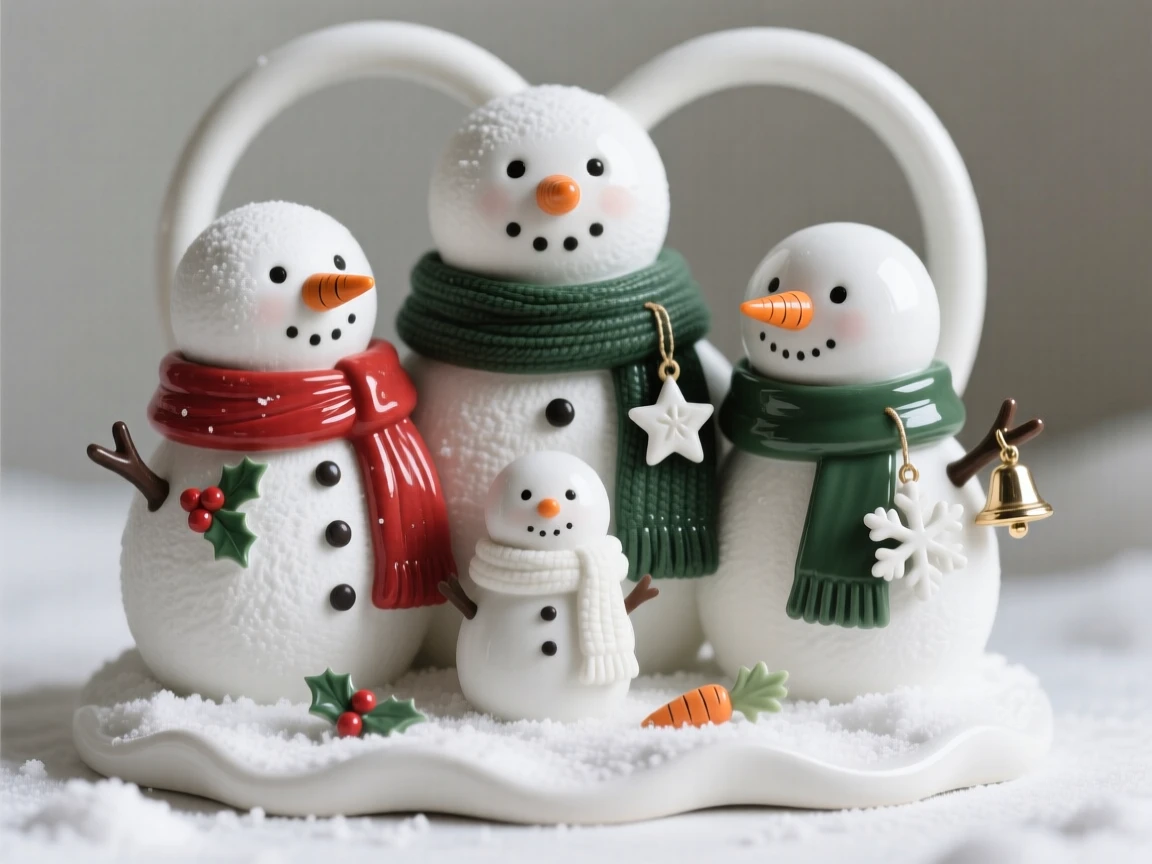 A family of snowmen wearing scarves displayed as a heartwarming holiday accent, decorated with small festive charms, capturing the magic of a beloved seasonal moment.