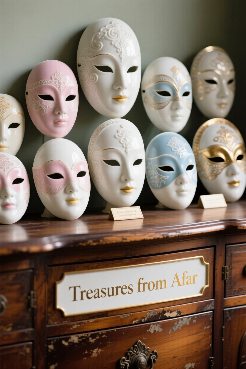 A collection of decorative masks arranged across an antique dresser, evoking a sense of collected treasure.