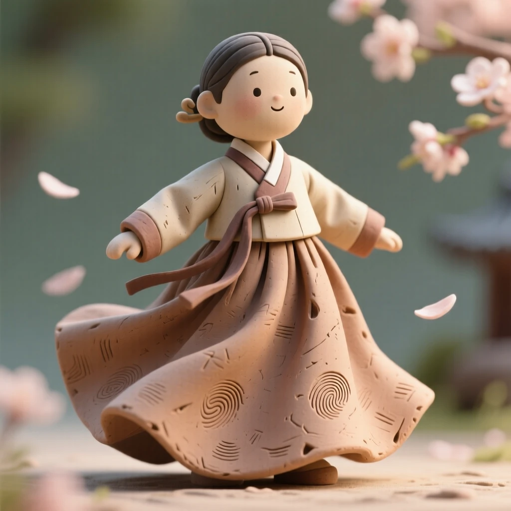 A traditional Korean hanbok flowing gracefully in a spring breeze