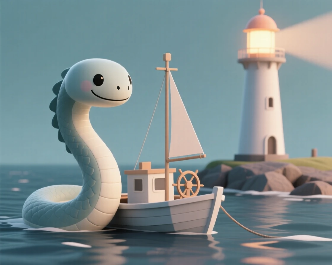 A gentle sea serpent gently guides a lost fishing boat safely back to a lighthouse-lit harbor.