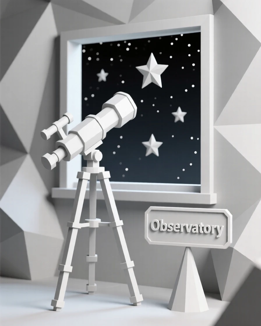 A telescope pointed toward a starry window view, surrounded by soft shadows. muted tones give the scene a timeless quality. The scene feels nostalgic and quiet.
