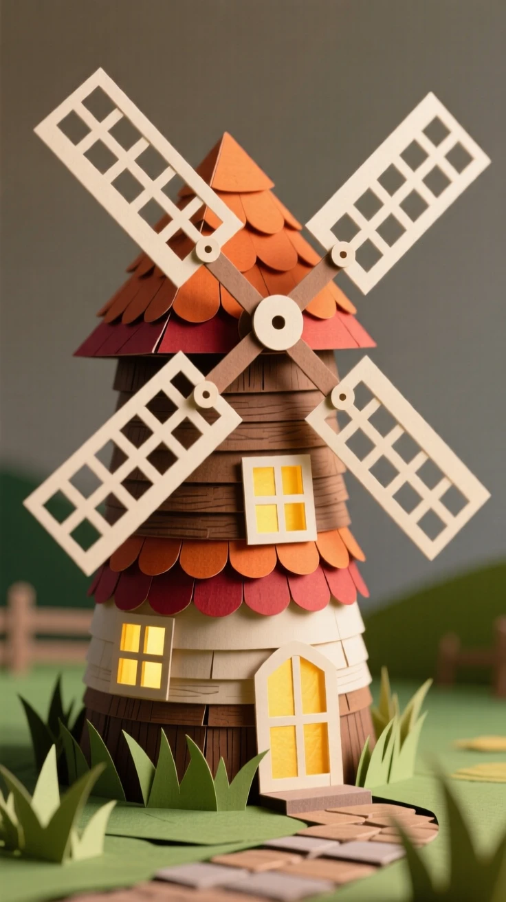 A rustic countryside windmill bathed in golden late-afternoon light, with warm interior light spilling outward, capturing refined elegance and history.