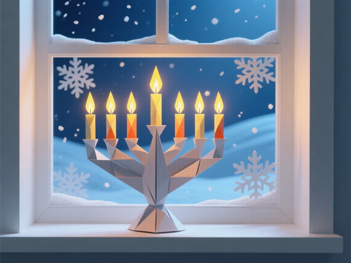 A Hanukkah scene with a menorah glowing in a window on a snowy evening.