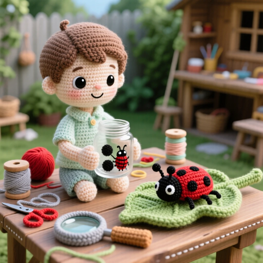 a small boy collecting bugs in a jar, with a magnifying glass nearby, watching a ladybug crawl along a leaf, in a quiet backyard workshop, with a scattering of craft supplies on the table, radiating joyful discovery and playful learning.
