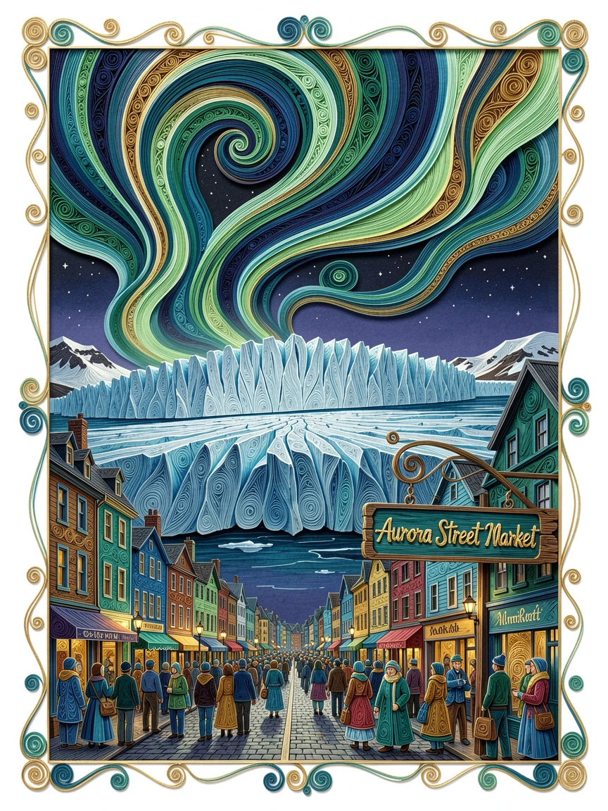 A breathtaking view of the Northern Lights dancing above an Icelandic glacier surrounded by bustling, colorful street life, in a rich palette of blue, teal, and gold, framed with a dramatic wide-angle perspective.