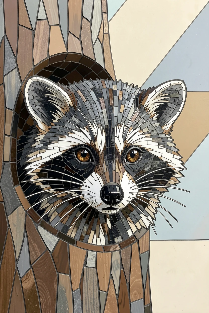 A close-up portrait of a raccoon peeking curiously from a hollow tree, showing rich fur or feather detail and expressive eyes.