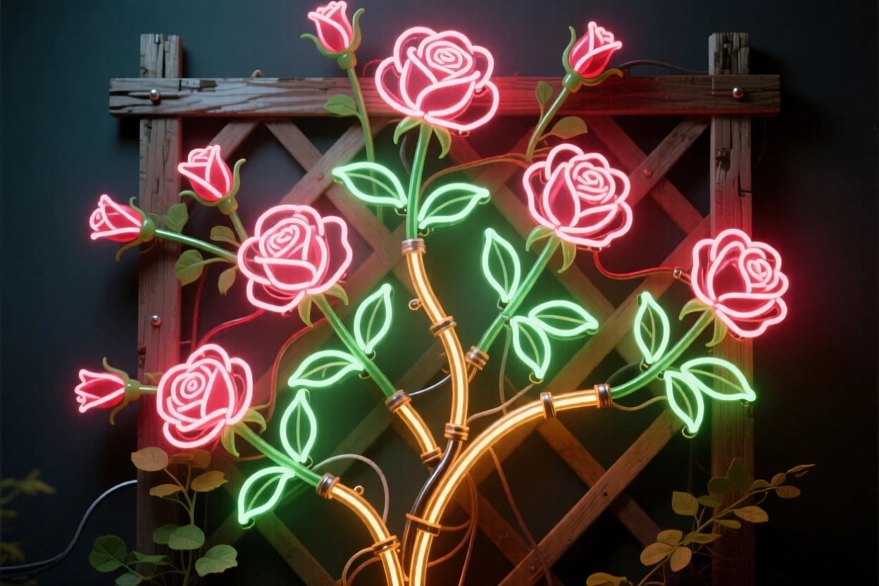 A rose bush heavy with blossoms climbing an old garden trellis.