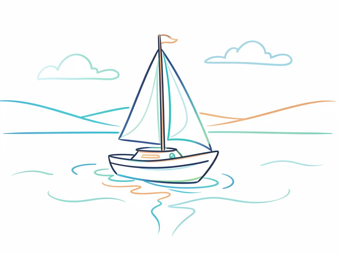 A single sailboat drifting peacefully across a calm turquoise bay.