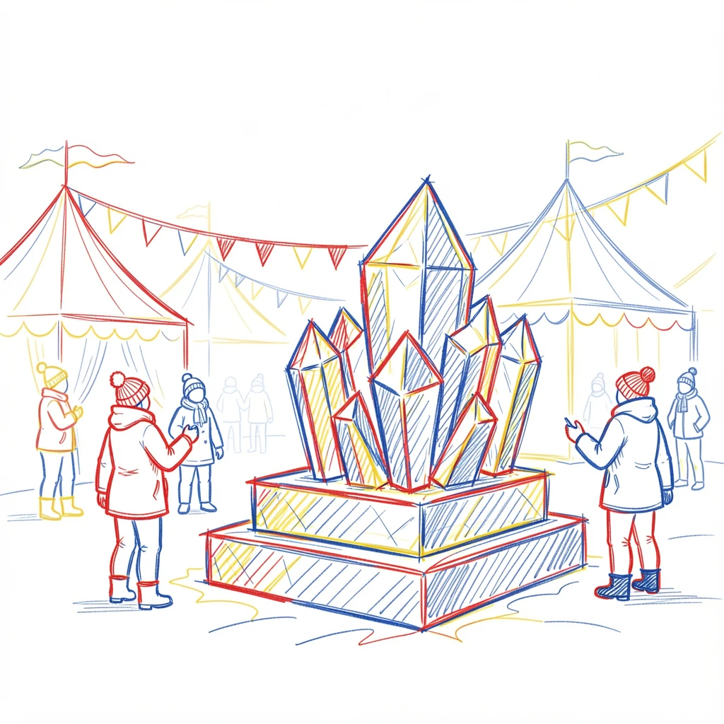A festive winter carnival with an ice sculpture competition underway
