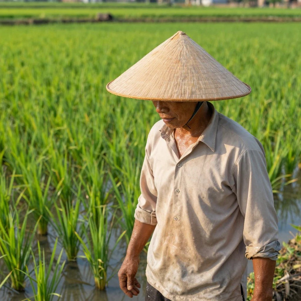 A Vietnamese conical hat farmer in a rice paddy