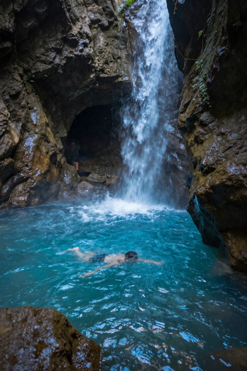 A hidden waterfall pours into a glowing blue grotto accessible only by swimming through a cave.