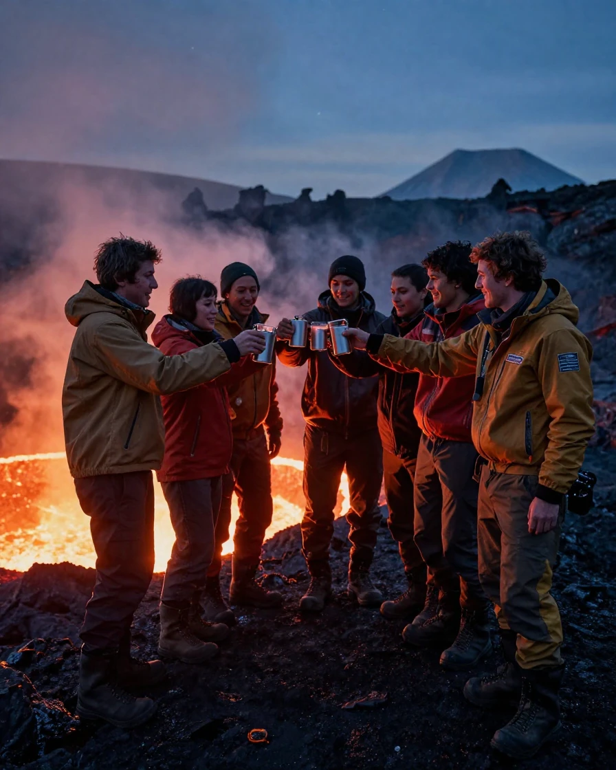 A team of researchers toasting success after a long expedition beside a glowing volcanic crater