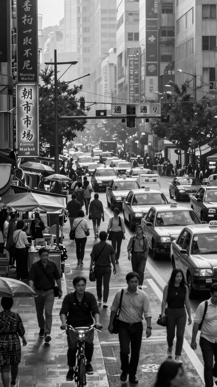 A bustling city street bustles with morning commuters in a vibrant Asian metropolis.