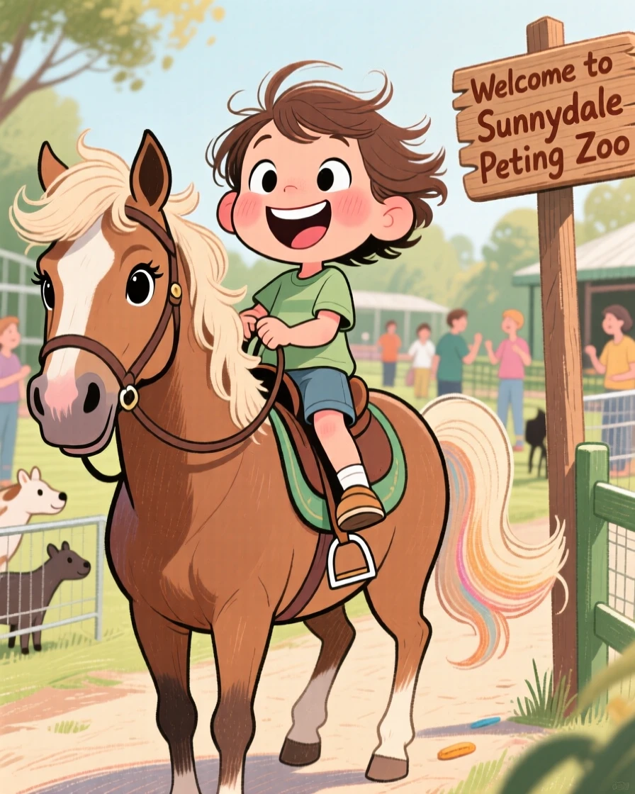 A child riding on the back of a gentle, patient pony at a petting zoo.