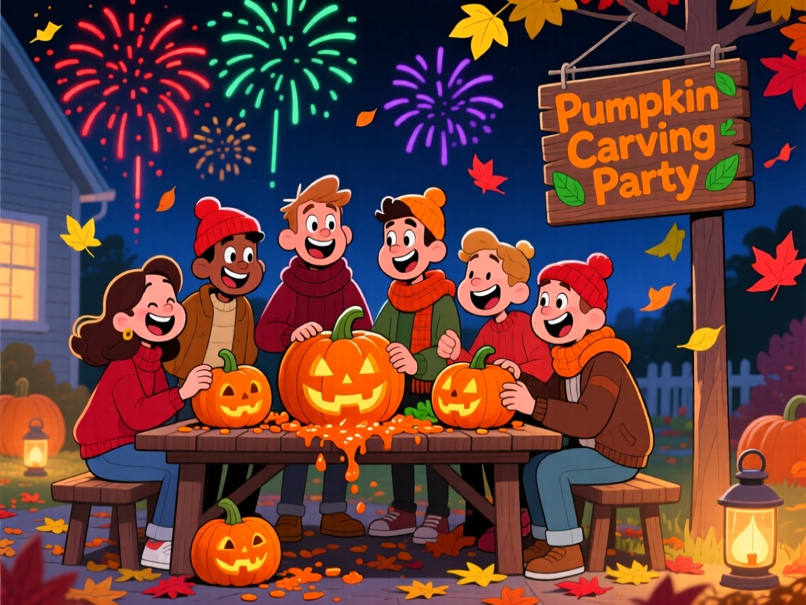 A festive celebration scene of a group of friends carving pumpkins together on a crisp autumn evening, under a sky full of fireworks.