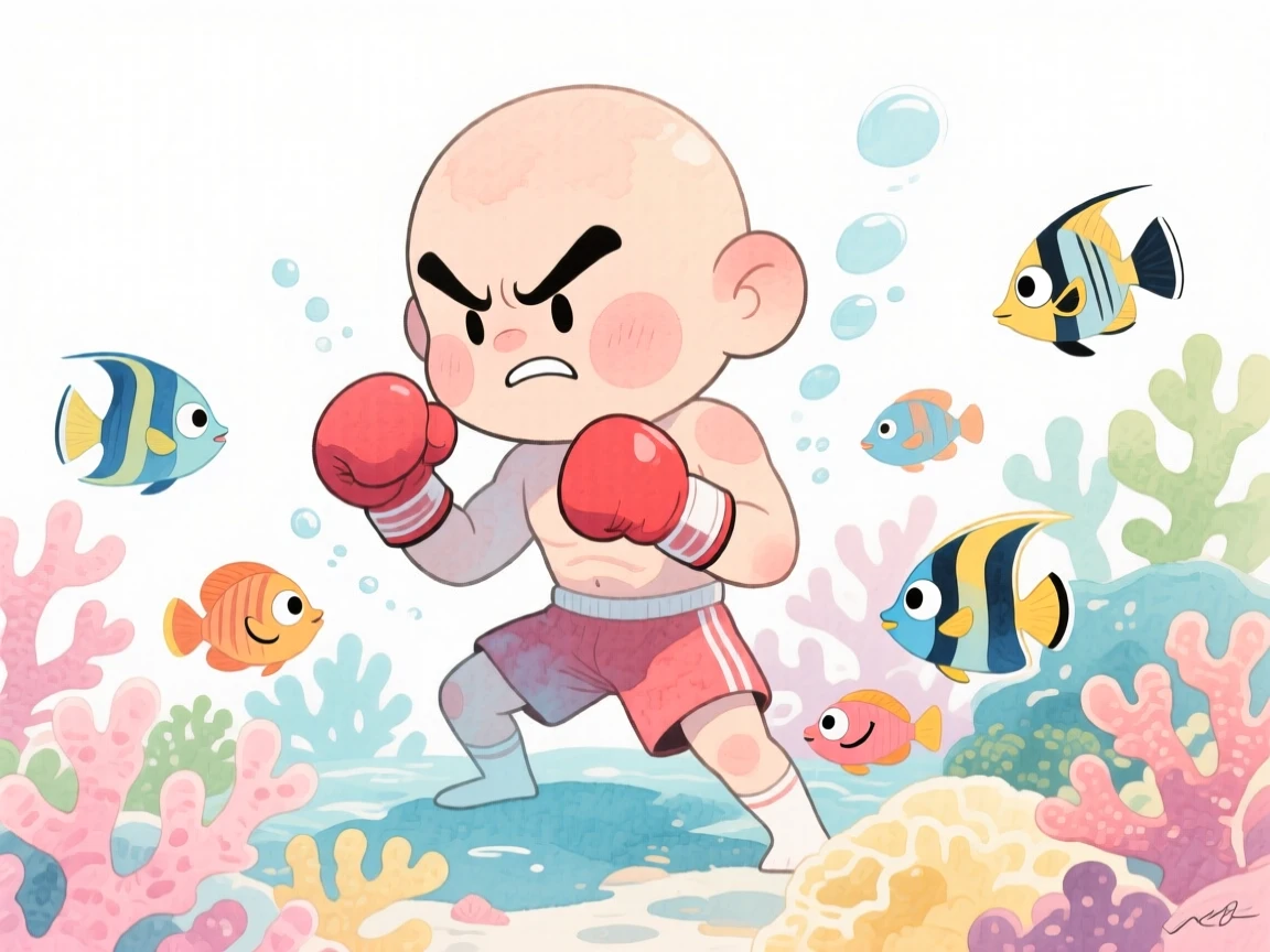 A boxer training exploring a coral reef surrounded by fish