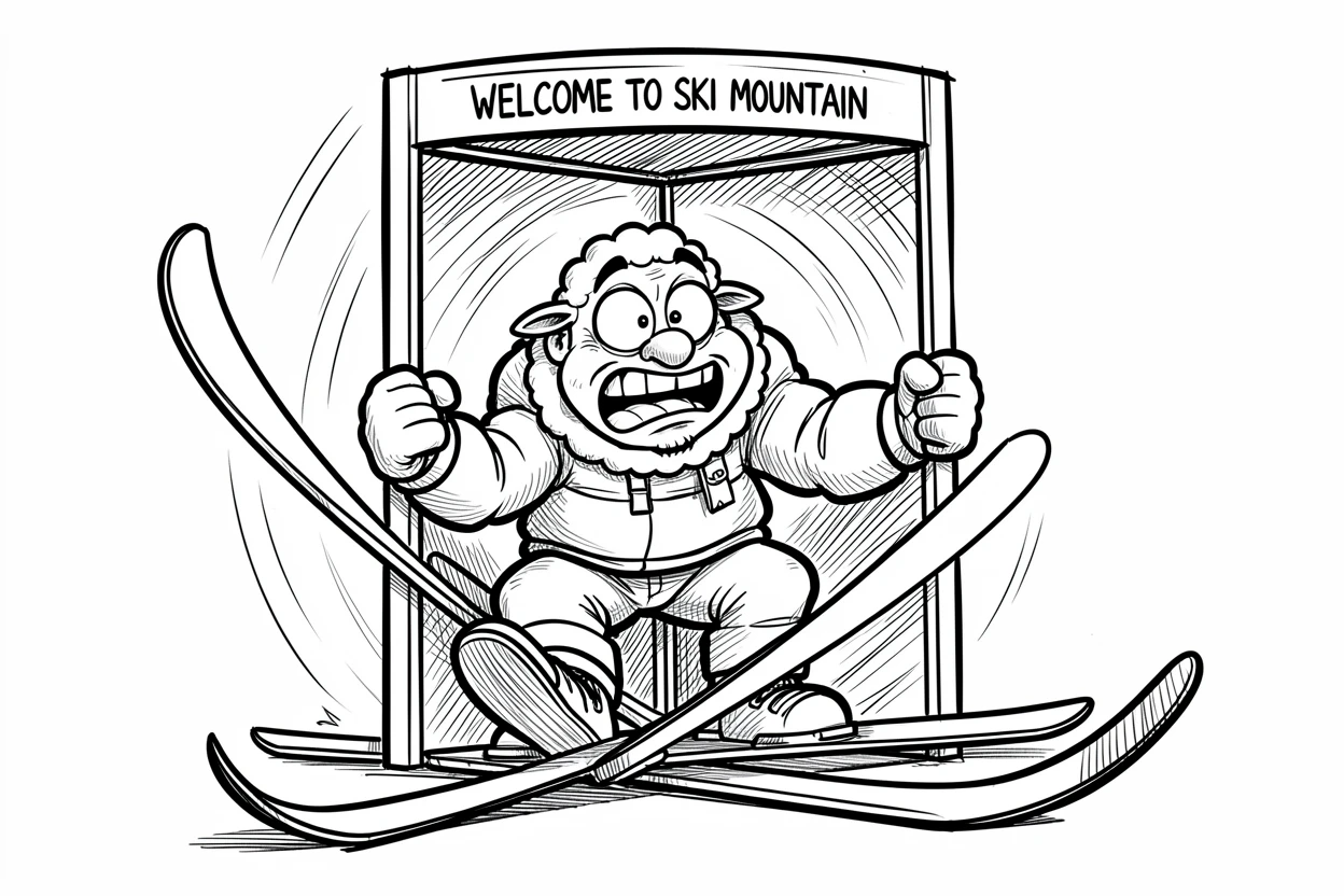 [Funny & Exaggerated Situations] Comical scene of a sheepish first-time skier getting stuck in a revolving door, exaggerated for maximum laughs