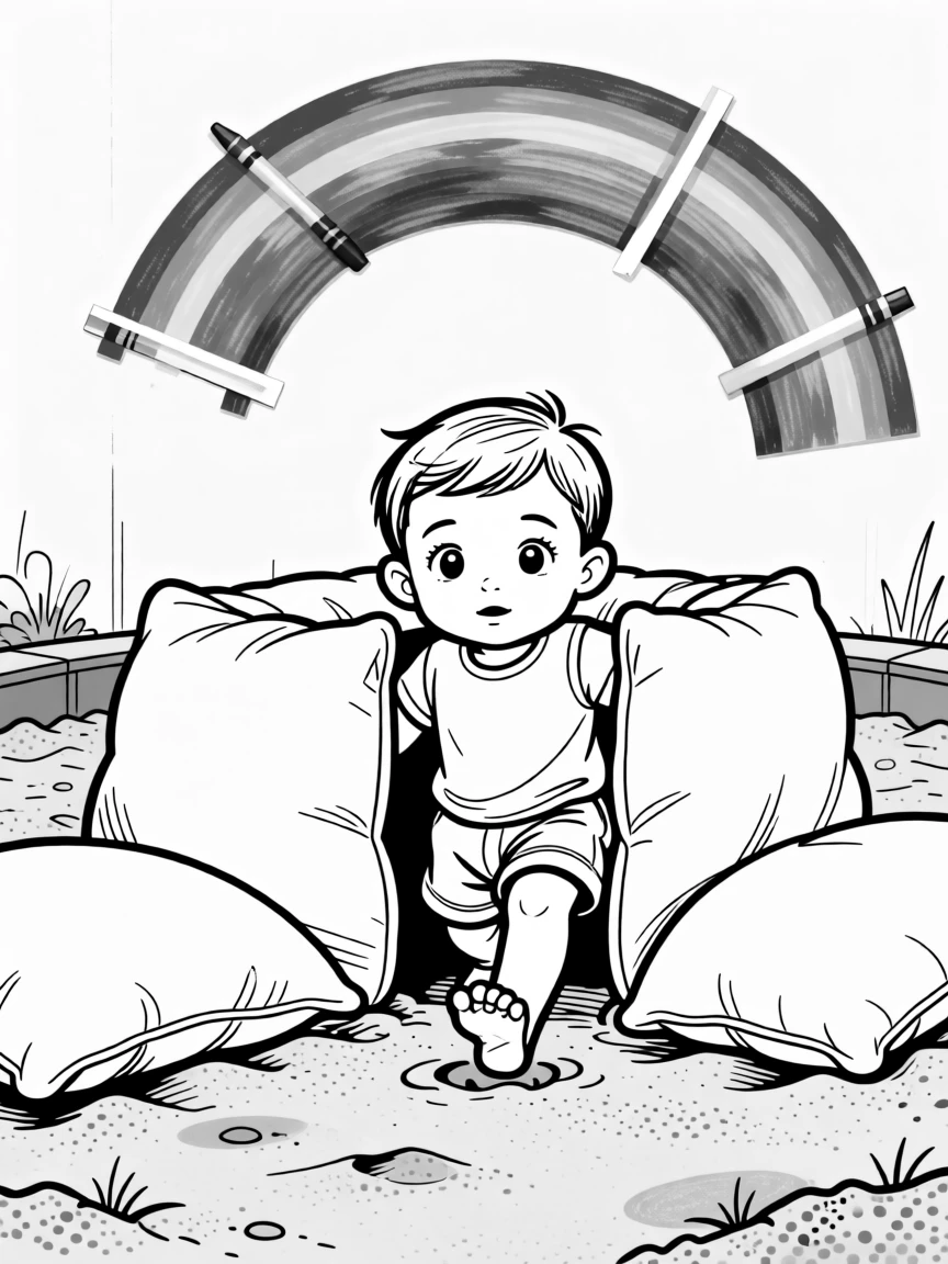 A toddler taking his very first wobbly steps, peeking out through a gap in the pillow walls, set in a sandy backyard sandbox. A crayon rainbow is taped crookedly to the wall. It feels like a cherished memory frozen in time.