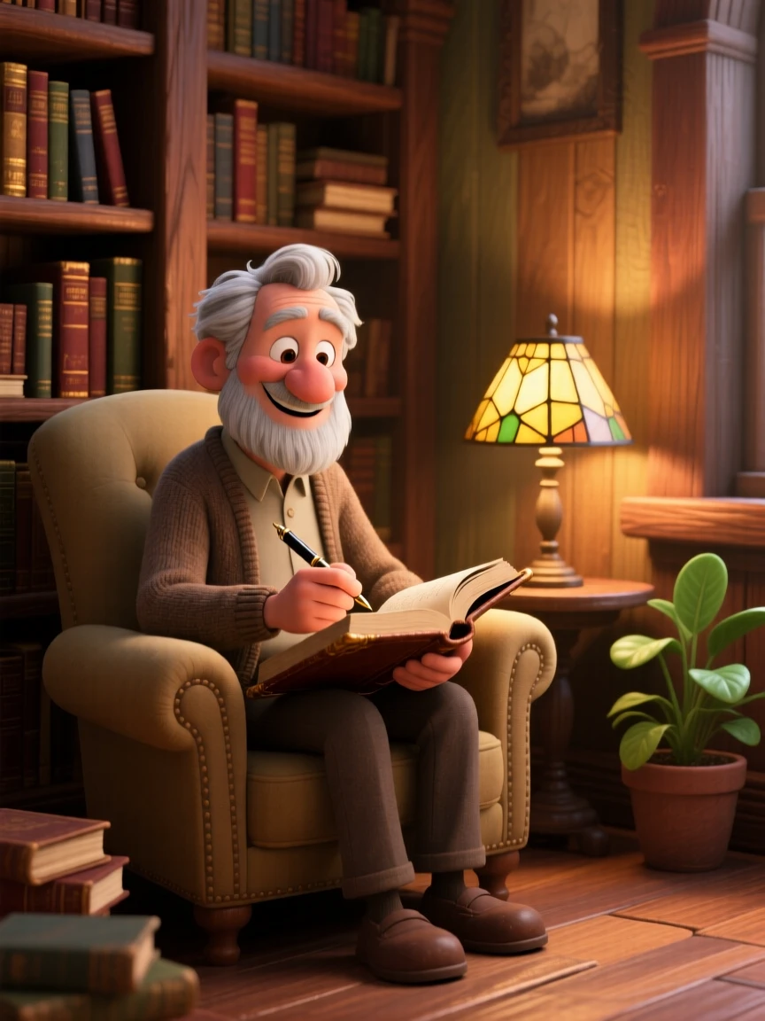 An elderly man with a warm smile sits in a small library nook stacked with old books, writing softly in a leather journal. A deep sense of comfort and quiet contentment fills the room, with warm shadows dancing on the walls.