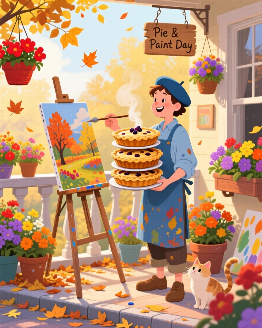 In a flower-filled balcony, a painter working at an easel is busy carrying a stack of freshly baked pies, as autumn leaves collect along the curb.